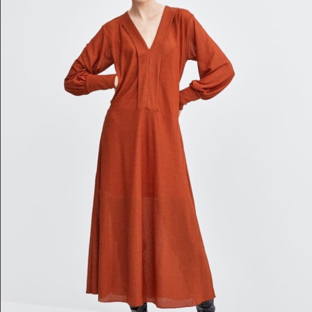 ZARA SHEER FLOWING BURNT ORANGE LONG SLEEVE DRESS NEW WITH TAGS SMALL